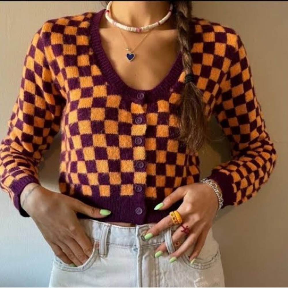 Zara Checkered Purple and Orange Women's Sweater Small